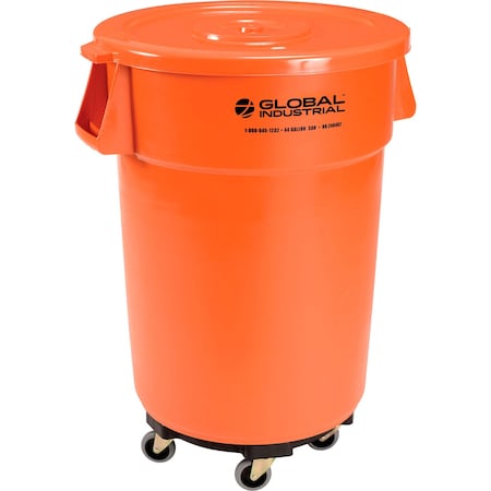 Global Industrial Plastic Trash Can with Lid & Dolly, 44 Gallon Bright Orange 240462BORB
